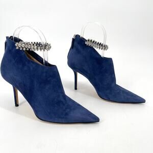 Jimmy Choo Blaize 100 Navy Blue Suede Ankle Bootie Crystal Strap size IT 37